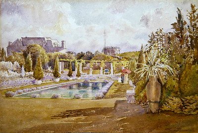En utsikt över ett slotts trädgård i Frankrike (akvarell på papper) av Florence Vincent Robinson