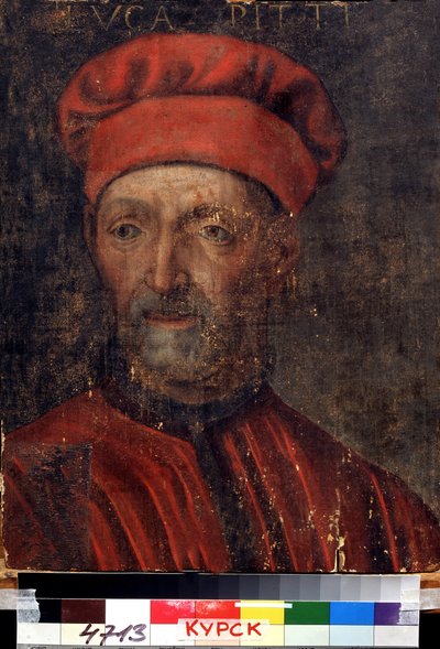 ""Porträtt av den rika florentinska bankiren Luca Pitti (1394-1472)"" Han gav sitt namn till Pitti-palatset) Målning av den florentinska skolan från början av 1500-talets regionala Deineka konstgalleri, Kursk Ryssland av Florentine School
