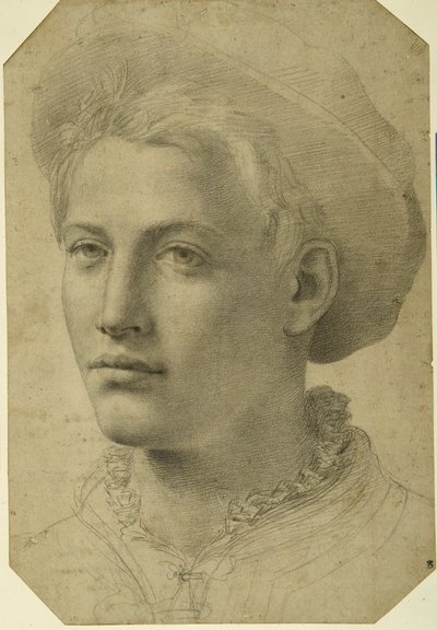 Porträtthuvud av en ungdom som bär en keps, ca 1530-40 (svart krita på vitt papper) av Florentine School