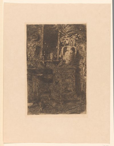 Studiointeriör med spis, öppen spis och blomvas Workshop (originaltitel) av Floris Verster
