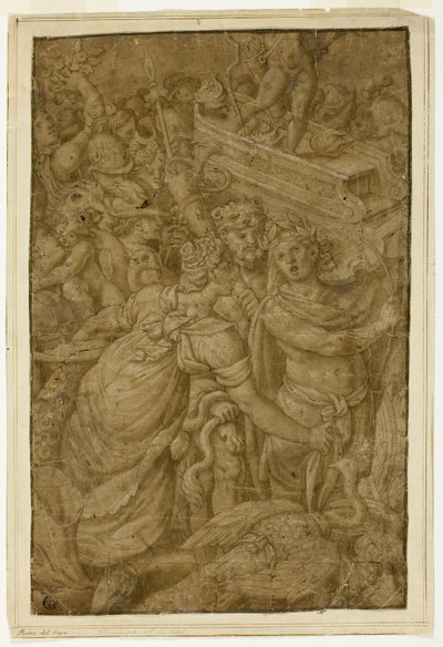 Amor i triumfvagn, ackompanjerad av gudar och gudinnor av Follower of Giulio Romano