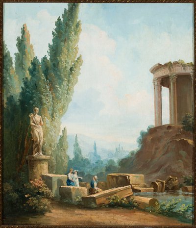Landskap med ruinerna av Sibyllans tempel i Tivoli av Follower of Hubert Robert
