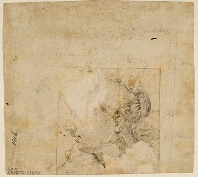 Kvinnligt huvud i profil till vänster; Skiss av träd och byggnad av Follower of Jacopo Bassano