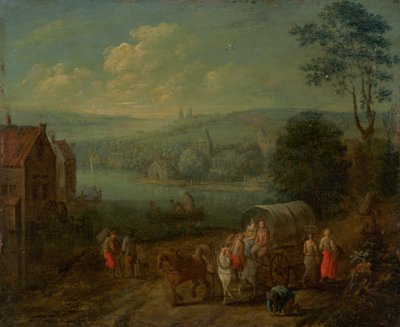 Flodlandskap med byar och resenärer [verso] av Follower of Peeter Gysels