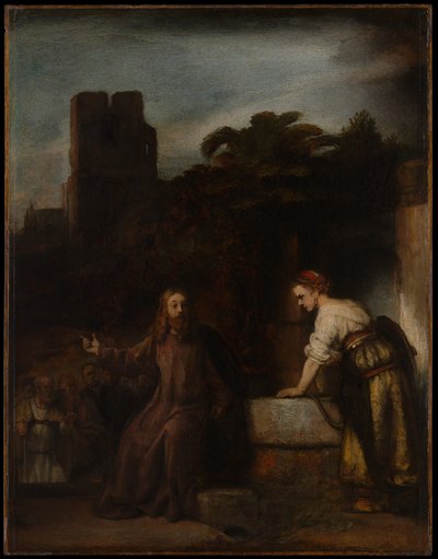 Kristus med kvinnan i Samaria av Follower of Rembrandt