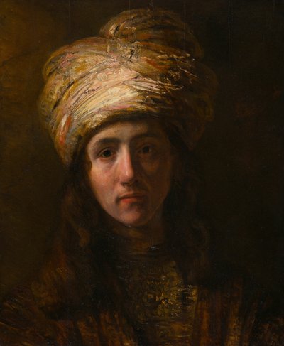 Ung man i en turban av Follower of Rembrandt van Rijn