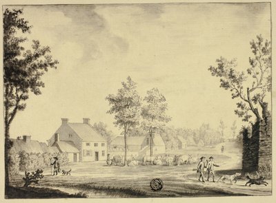 Jägare och boskapshjordar utanför lantgård av Follower of Samuel Hieronymus Grimm