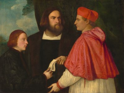 Girolamo och kardinal Marco Corner investerar Marco, abbot av Carrara, med hans välgörenhet av Follower of Titian