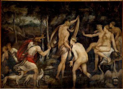 Diane (Artemis), jaktens gudinna, och Acteon, jägare Målning från School of Fontainebleau (1500-talet). Mått 2,65 x 3,67 m av Fontainebleau School