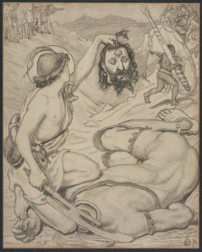 David och Goliath, tecknad film för fönster i målat glas på Jesus College, Cambridge av Ford Madox Brown