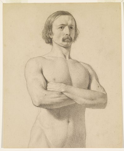 Manlig nakenbild - Akademisk nakenstudie, halvlängd med mustasch och armarna knäppta av Ford Madox Brown