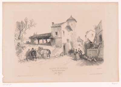 Bygata med hästar och olika figurer Ritkurs med studier av landskap, djur och detaljer (serietitel) Kurs designen. Paysages, figurer, animaux, tillbehör, par Férogio (serietitel på objekt) av Fortuné Ferogio