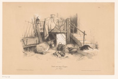 Stall med åsna, katt och mus Studier med två typer av krita (serietitel) Etude aux deux crayons, par Férogio (serietitel på objekt) av Fortuné Ferogio