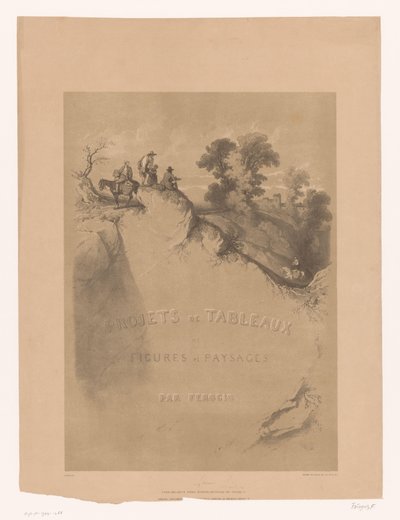 Titeltryck med klipplandskap och resenärer längs en ravin Landskaps- och figurstudier av Férogio (serietitel) Projets de tableaux de figures et paysages, par Férogio (serietitel på objekt) av Fortuné Ferogio