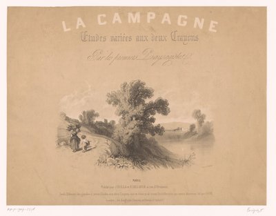Titeltryck för: Studier av lantliga scener med två typer av krita Studies of Country Scenes with Two Chalks (serietitel) La Campagne. Etudes variées aux deux Crayons par les premiers Paysagistes (serietitel på objekt) av Fortuné Ferogio