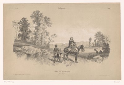 Kvinna till häst med man och barn i ett landskap Studies of Country Scenes with Two Chalks (serietitel) La Campagne. Etude aux deux crayons, par Férogio (serietitel på objekt) av Fortuné Ferogio