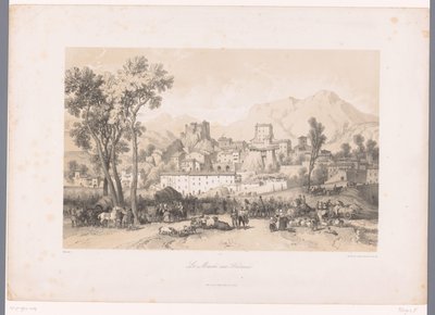 Utsikt över en by med en odjursmarknad i en dal Le Marché aux Bestiaux (titel på objekt) av Fortuné Ferogio