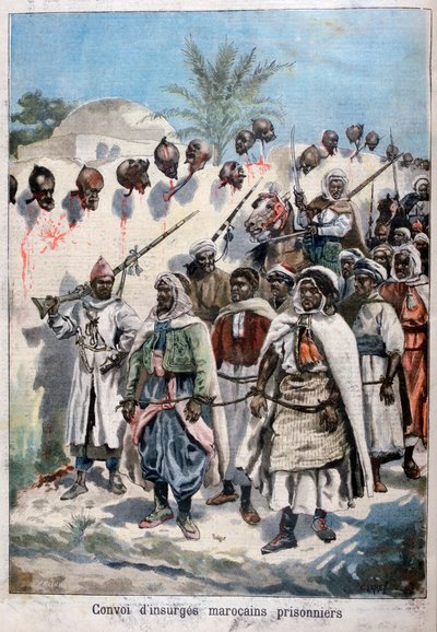 Kolonn av upproriska marockaner som togs till fånga i Tadla av Sultan Abdul-Hafizs armé, 1897. av Fortuné Méaulle