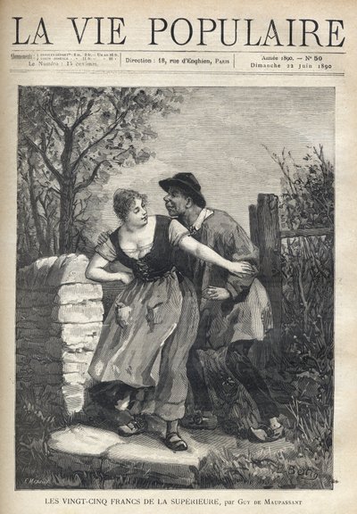 Ett par bönder, mannen i blus och hov, hoppade den unga kvinnan som knuffade tillbaka honom med ett leende och ljus. Illustration av E. Bertin för Les tjugofem francs de la superieure av Guy de Maupassant (1850-1893). Gravyr av Fortune Meaulle (184 av Fortune Louis Meaulle