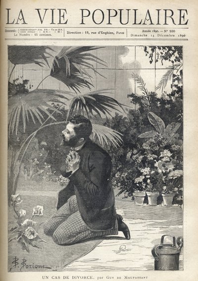 En desperat man ber på knä i ett växthus. Illustration av F. Meaulle efter B. Borione för "A case of divorce" av Guy de Maupassant (1850-1893). Gravyr från 1890 i "La vie populaire". Privat samling av Fortune Louis Meaulle