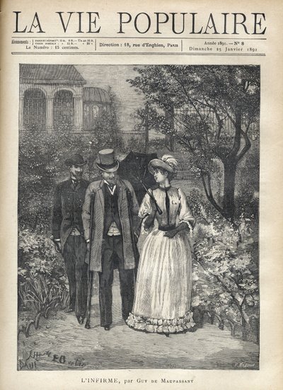 En man med bequilles promenerar med en elegant ung kvinna i gränderna i en park. En andra man följer efter dem. Illustration av Fortune Louis (Fortune-Louis) Meaulle för "" L