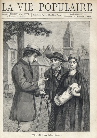 En sjuksköterska som håller en ny linda, åtföljd av sin far, en gammal bonde, möter med ett bestämt öga en man av bourgeoisin, som noggrant läser en tidning, på torget i en provinsby. Illustration av Rene Schutzenberger (1860-1916), för Thir av Fortune Louis Meaulle