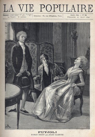En ganska blond ung man, som ser dåligt ut, efter att precis ha friat, ser flickan fångas med ett skratt, vält över på hennes stol, under hennes fars ebahis ögon. Illustration för Puyjoli av Jules Claretie (1840-1913). Gravyr av Fortune Meaulle (184 av Fortune Louis Meaulle