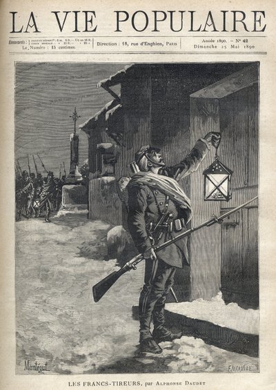 En soldat som bär all sin barda, ett bajonettgevär och viftar med en lykta framför den stängda dörren till ett stadshus. Bakom honom, nära järnkorset, anländer resten av truppen för att ansluta sig till honom. Illustration av Montegut (?), för Les Francs S av Fortune Louis Meaulle