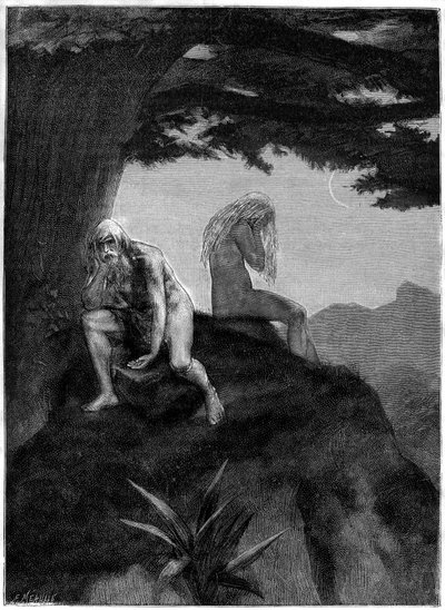 Adam och Eva. Teckning av gravar av Meaulle, illustration till Victor Hugos dikt "Les misheureux", i samlingen "Les contemplations", Paul Ollendorffs utgåva, början av 1900-talet. av Fortune Louis Meaulle