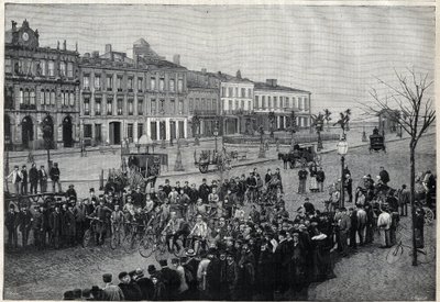 Avresa från cykelloppet Bordeaux-Paris (Bordeaux Paris) 1891 - gravyr av Meaulle från 1891 av Fortune Louis Meaulle