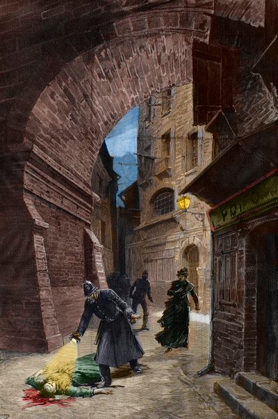 Upptäckt av ett offer för Jack the Ripper, Whitechapel, London av Fortune Louis Meaulle