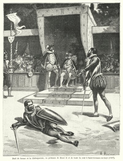 Duell mellan Guy Cabot de Jarnac och Francois de Vivonne, Seigneur de la Chataigneraie framför kung Henrik II av Frankrike och hela hans hov i St Germain-en-Laye av Fortune Louis Meaulle