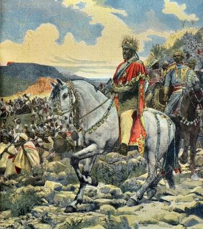 Ryttarporträtt av kung Menelik 2 vid slaget vid Adoua av Fortune Louis Meaulle