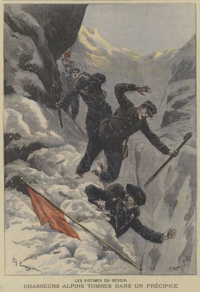 Franska Chasseurs Alpins bergstrupper faller över ett stup av Fortune Louis Meaulle