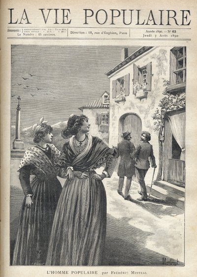 På gatorna i en by i Provence vänder två vackra kvinnor i provensalska klänningar sig tillbaka till gatan för att konfrontera en man som självsäkert vänder sig mot deras ögon. Illustration av Montegut för The Popular Man av Frederic Mistral (1830-1914). Gr av Fortune Louis Meaulle