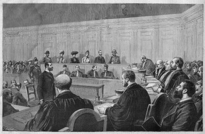 Toulon-skandalen 1891: Fouroux-affären - Jonquieres - rättssalen, vittnesmål - Gravyr av Meaulle i "Le journal illustrious"" från 1891 av Fortune Louis Meaulle