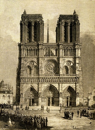 Notre Dame de Paris (Notre-Dame) år 1482: västra fasaden och parvis. Gravyr av F. Meaulle, efter en teckning av Viollet le Duc (Viollet-le-Duc) som illustrerar romanen med samma namn av Victor Hugo, edition Ollendorff början av 1900-talet. Längst ner till  av Fortune Louis Meaulle