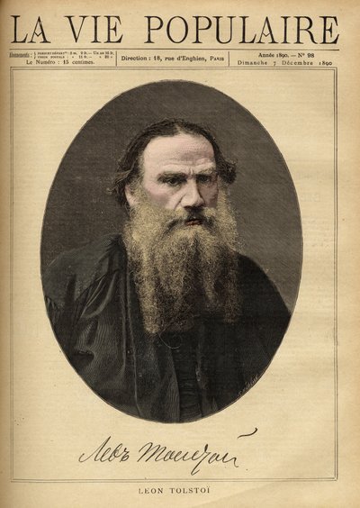 Porträtt av Leon Tolstoi (1828-1910), rysk författare. Illustration av F. Meaulle. Gravyr från 1890 i "La vie populaire". Privat samling av Fortune Louis Meaulle