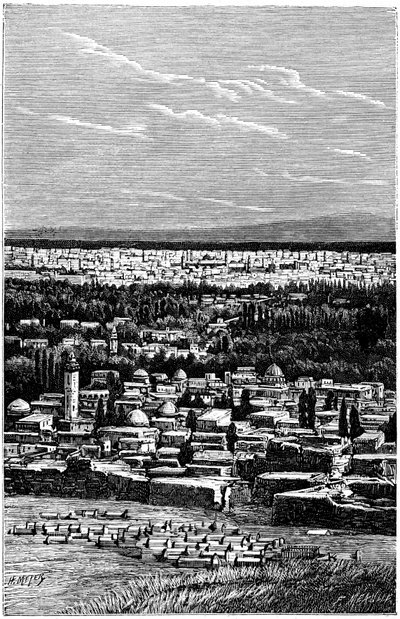 Syrien: Damaskus omkring 1900 - muslimsk kyrkogård - gravyr av Meyer och Meaulle från boken "A l