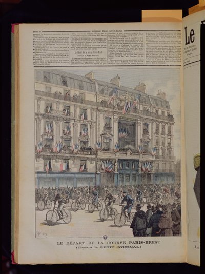 Starten av cykelloppet Paris-Brest framför "Le Petit Journal", illustration från tidningen med samma namn, 15 september 1891. av Fortune Louis Meaulle