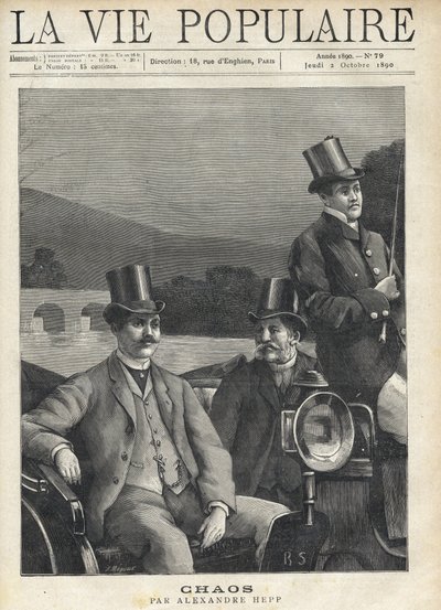 Två män i kostym och hög hatt satt upp i ett hästhak, ledda av en kusk. De är på väg längs en flod. Illustration för kaos av Alexandre Hepp (1857-1924). Gravyr av Fortune Meaulle (1844-1901) av Fortune Louis Meaulle