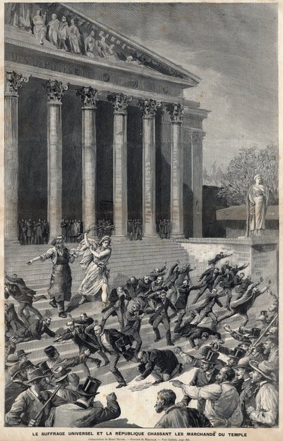Allmän rösträtt och republiken som jagar köpmän från templet - allegori om efterdyningarna av Panamaaffären - Gravyr av Meaulle av Henri Meyer av Fortune Louis Meaulle