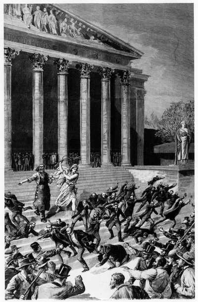 Allmän rösträtt och republiken som jagar köpmän från templet - i "" Le Journal illustré""" av 1892-12-25, komposition av Henri Meyer, gravyr av Meaulle. av Fortune Louis Meaulle
