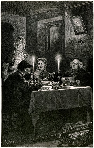 Victor Hugo "Les Miserables" Illustration av Lix graverad av Meaulle: Forcat och Eveque. Jean Valjean, till vilken eveque Myriel erbjöd sjukhuset, kommer att begå sin sista flykt: hans värds silverbestick. På bordet står de två silverljusstakarna av Fortune Louis Meaulle
