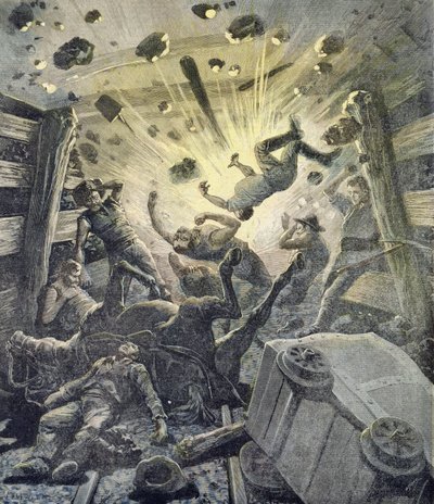 En gasexplosion, illustration från den illustrerade bilagan till Le Petit Journal, 2 april 1892. av Fortune Louis Meaulle and Henri Meyer