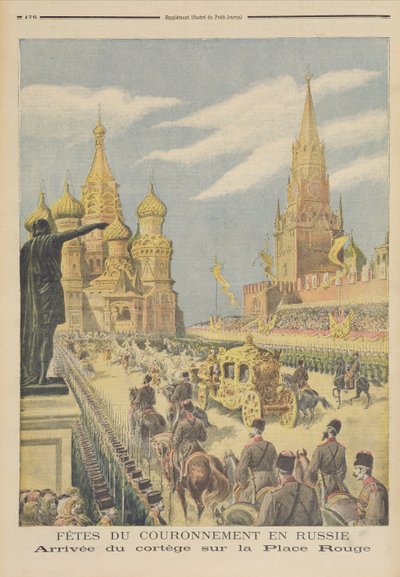 Firande för kröningen av tsar Nicholas II (1894-1917) Cortegens ankomst till Röda torget, från "Le Petit Journal", 31 maj 1896 av Fortune Louis Meaulle and Henri Meyer