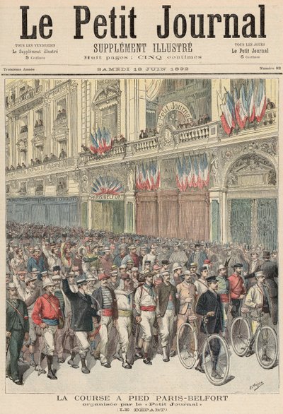 Starten av vägloppet från Paris till Belfort, från "Le Petit Journal", 18 juni 1892. av Fortune Louis Meaulle and Henri Meyer