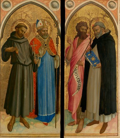 S:t Franciskus och ett biskopshelgon, S:t Johannes Döparen och S:t Dominikus, sent 1420-tal (tempera och bladguld på pannå) av Fra (c.1387-1455) Angelico