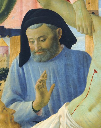 Arkitekt Michelozzo, detalj från Avsättningen från korset eller den heliga treenighetens altartavla, cirka 1432, av Giovanni da Fiesole känd som Fra Angelico (1400-ca 1455), tempera på trä av Fra (c.1387 1455) Angelico