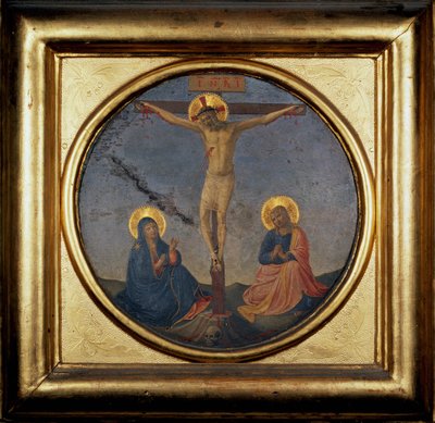 Kristi korsfästelse mellan Jungfrun och Maria Magdalena (målning) av Fra  Angelico